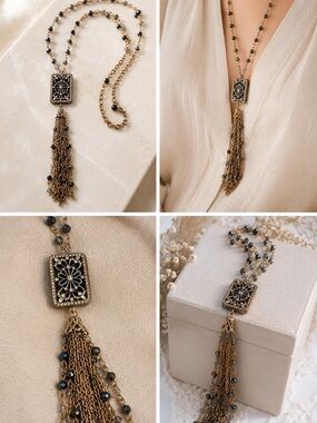Vintage Boho Tassel Statement Necklace Crystal Beads Long Pendant Gold Tone